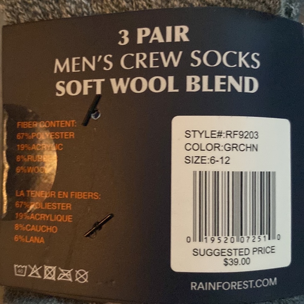 Rainforest 3 Pack Wool Blend Crew Sock Men's 6-12 Multi Color - Picture 5 of 5